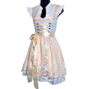 S Dirndl Dress German Austrian Oktoberfest Party Lace Floral Light Blue Beige